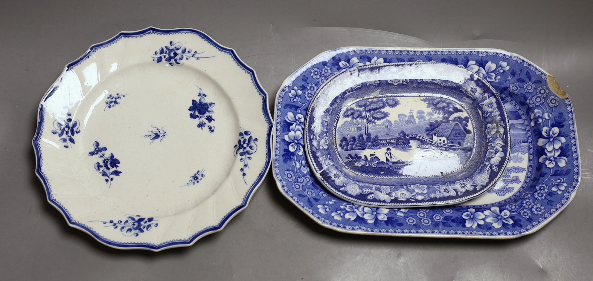 A Bow blue and white dish, 19.5cm, three Worcester blue and white plates, late 18th century and three 19th century blue and white pottery dishes